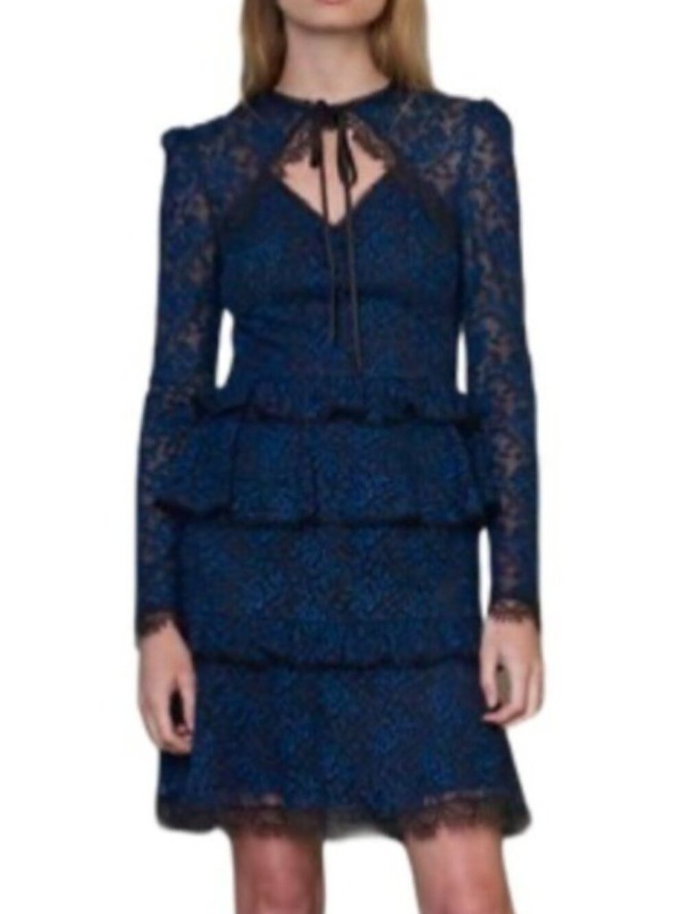 NEW Monique Lhuillier Tiered Blue Lace over Black Mini Dress Size 8 NWT